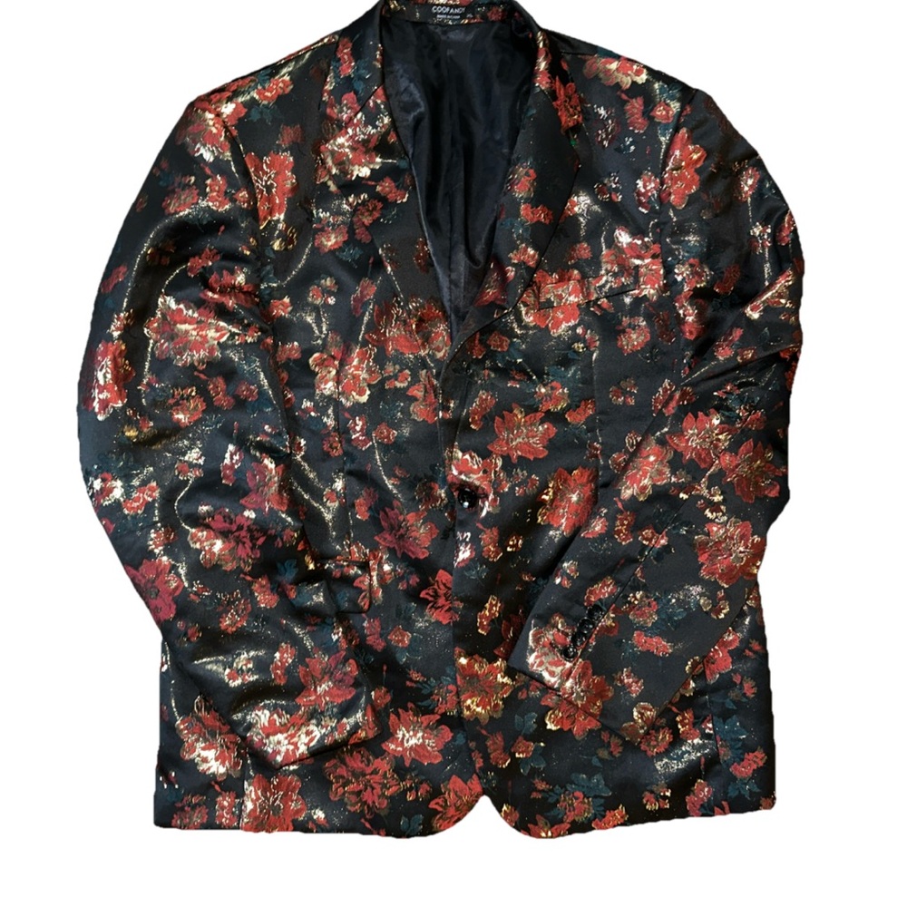 Mens Coofandy Blazer Red Gold Metallic & Black Tuxedo Floral Suit Jacket XL